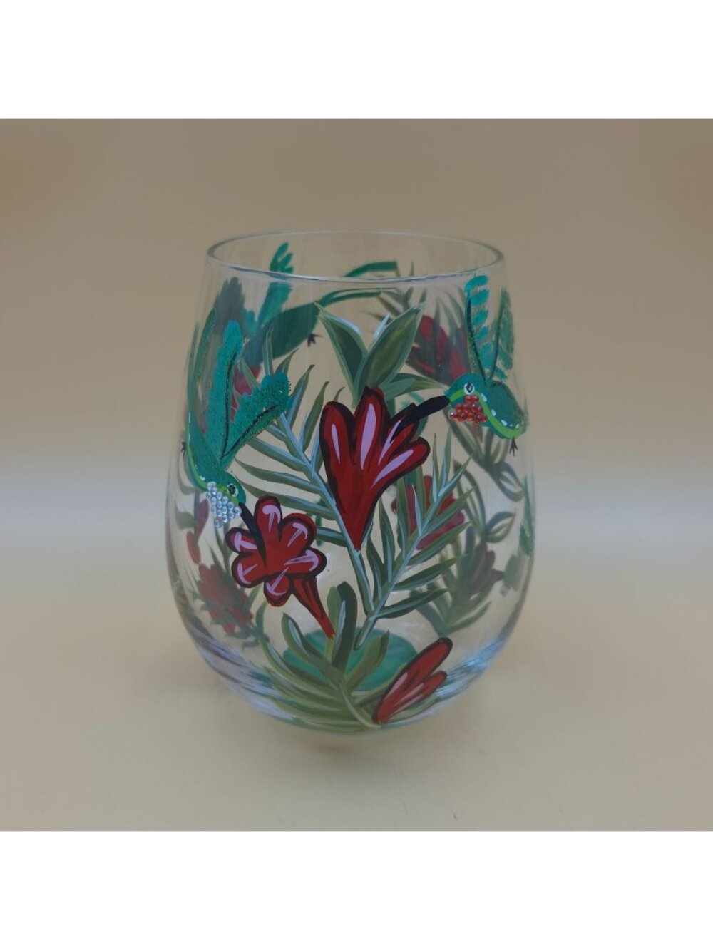 Lolita Hummingbird Stemless Wine Glass Hand Painted Tropical Floral Art Glass